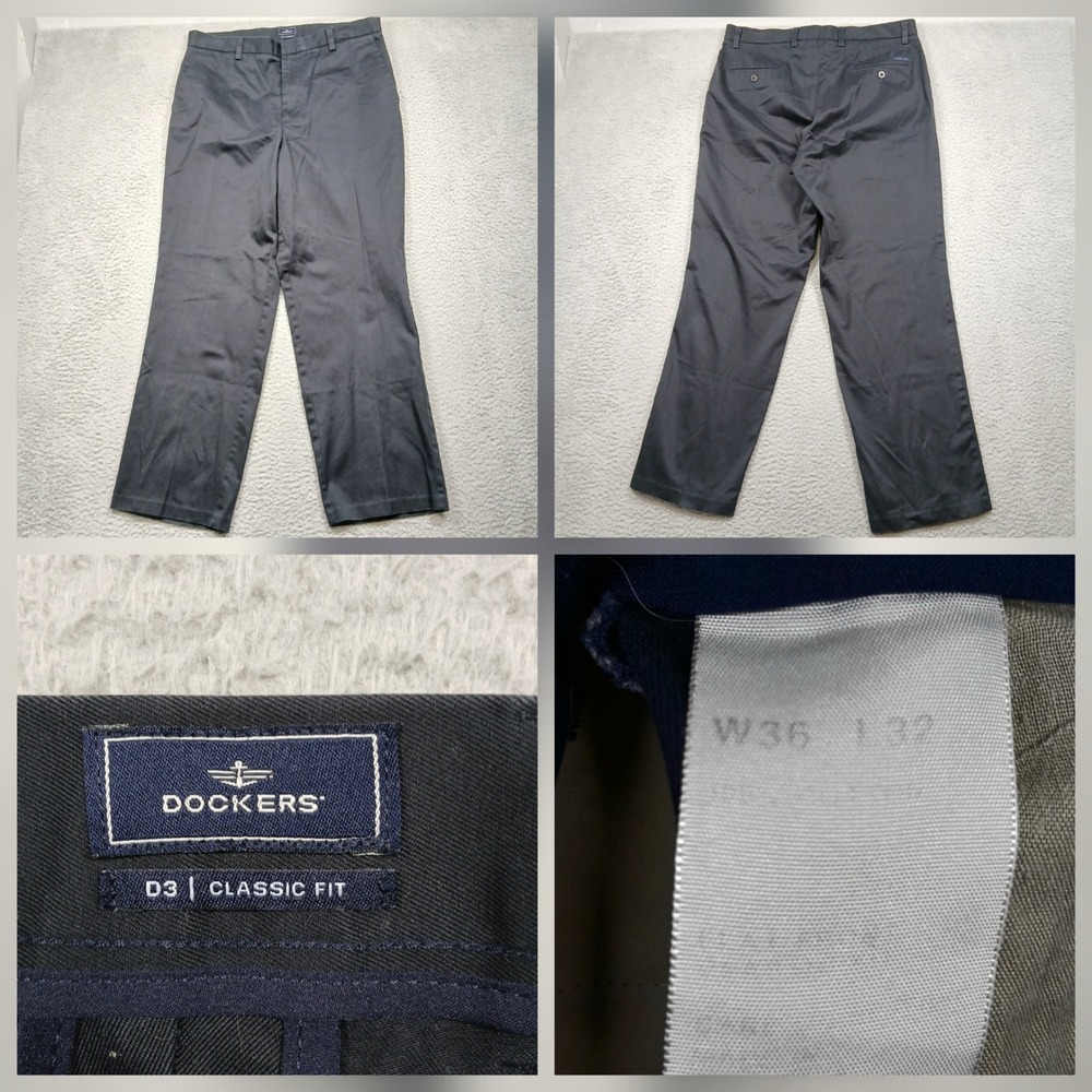 Dockers D3 Classic Fit Dress Pants Men's 36x32 Navy Flat Front Slacks